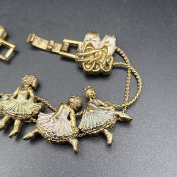 Vtg Ballerina Slide Charm Bracelet Ballet Dance Slippers Silver Wash Gold Tone - Picture 9 of 9